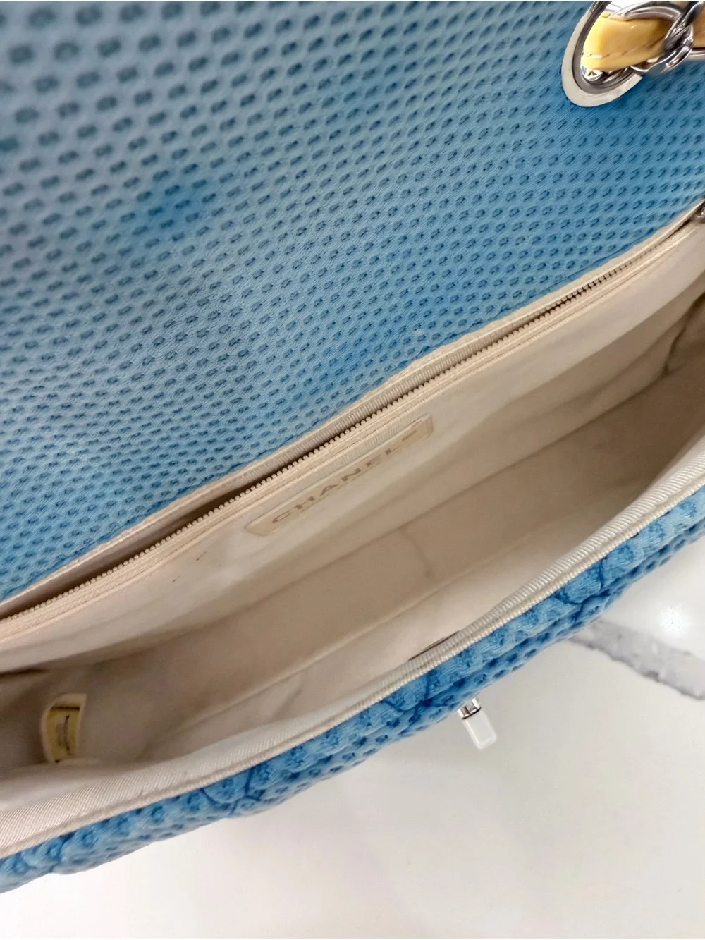 CHANEL Blue Quilted Perforated Jersey Shoulder Bag with  Chain